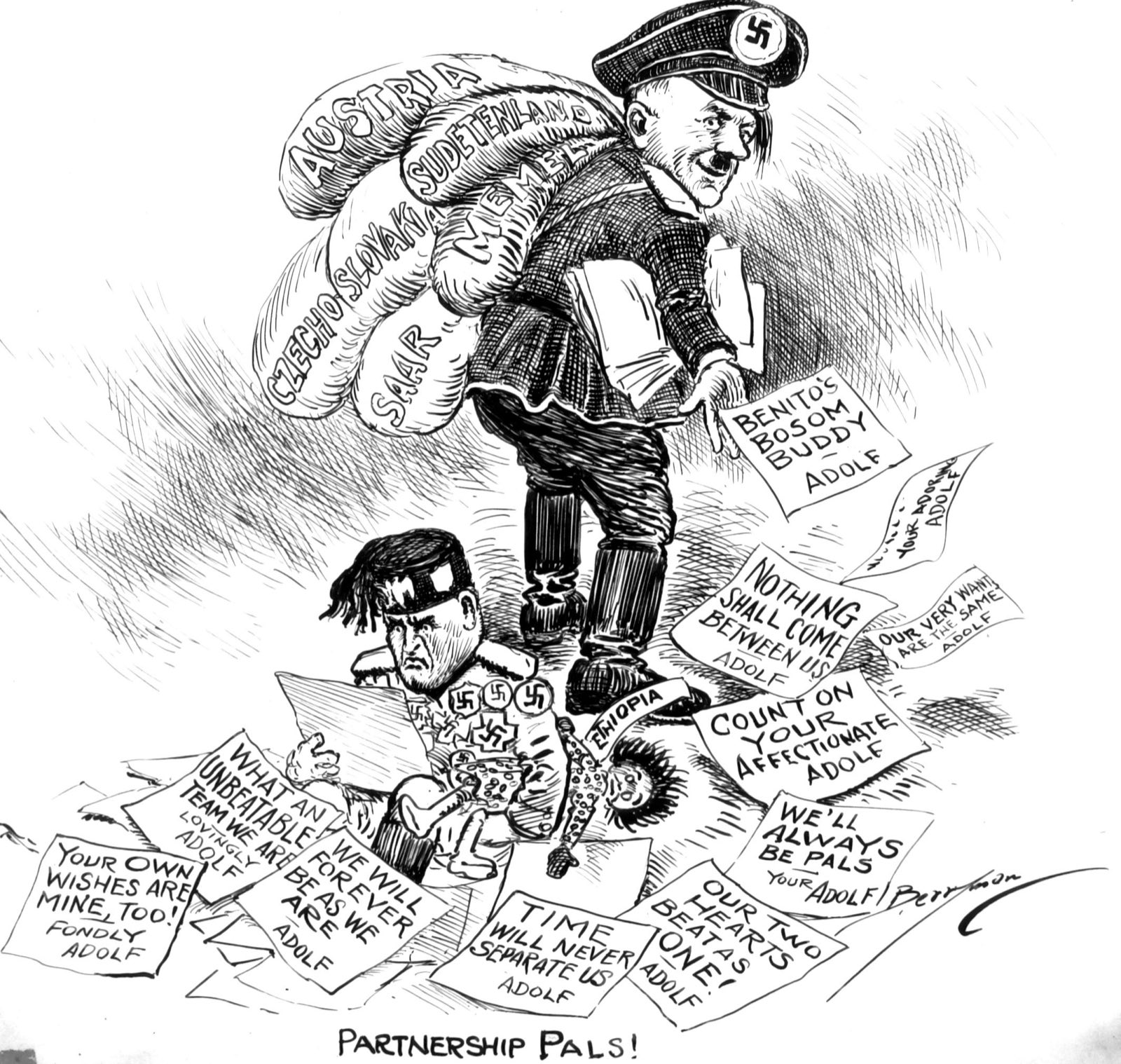 Dessin à l'encre en noir et blanc. Au centre, Adolf Hitler, souriant, en uniforme et casquette frappée d'une croix gammée, s'éloigne en portant sur le dos cinq gros sacs de butin marqués « Austria », « Czechoslovakia », « Sudetenland », « Memel » et « Saar » ; il tient des papiers sous le bras et laisse tomber une lettre : « Benito's bosom buddy, Adolf ». À ses pieds, Benito Mussolini, assis par terre, l'air renfrogné, coiffé d'un bonnet noir à gland et la poitrine couverte de médailles à croix gammée, lit une lettre au milieu d'un tas de lettres signées « Adolf » (« Nothing shall come between us », « We'll always be pals », « Our two hearts beat as one! », « Time will never separate us », « What an unbeatable team we are », « Your own wishes are mine, too! » et d'autres) ; il serre contre lui une poupée de chiffon caricaturale, à la chevelure hérissée, marquée « Ethiopia ». Titre en bas : « Partnership Pals! ». Signature « Berryman » en bas à droite.