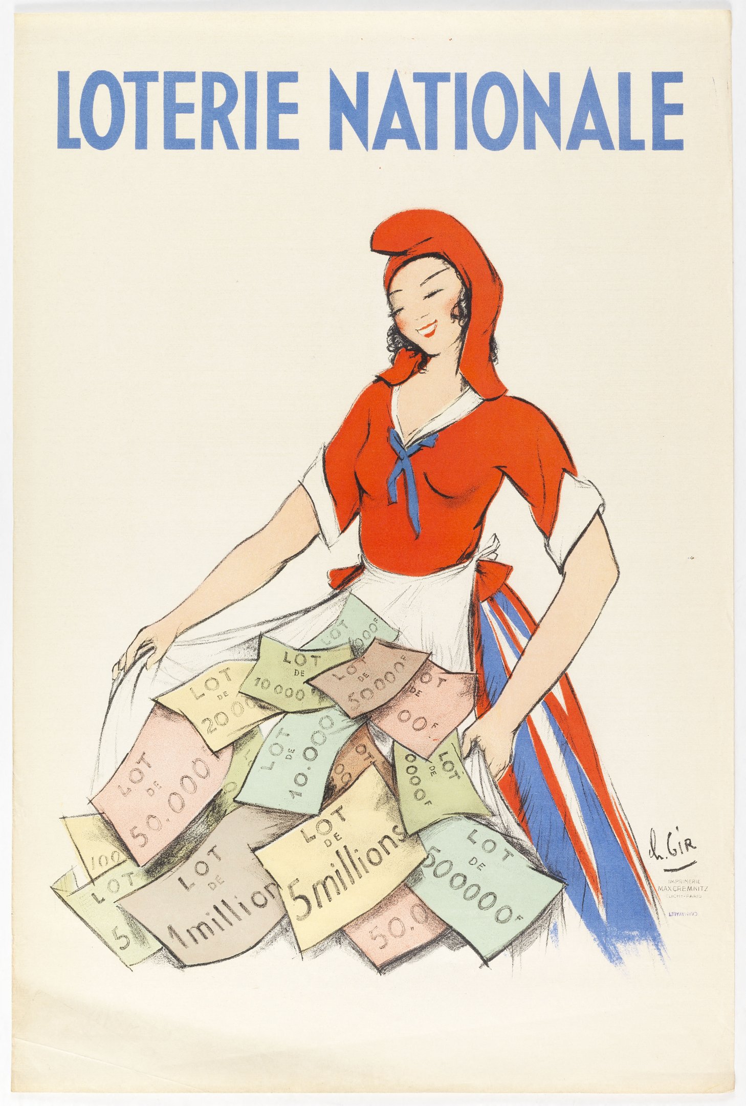 Affiche en couleurs, au format vertical, sur un fond crème presque vide. En haut, en grandes capitales bleues : « LOTERIE NATIONALE ». Au centre, une jeune femme brune, souriante, les yeux mi-clos, porte une capuche rouge dont la pointe retombe vers l'avant à la manière d'un bonnet phrygien, un corsage rouge à col blanc fermé par un nœud bleu, un tablier blanc et une jupe rayée de bleu, de blanc et de rouge. Des deux mains, elle soulève son tablier, d'où débordent et tombent des dizaines de billets aux couleurs pâles marqués « LOT DE 5 millions », « LOT DE 1 million », « LOT DE 500000 F », « LOT DE 50.000 », « LOT DE 10.000 ». Le dessin, au trait de crayon rapide, laisse le bas de l'affiche blanc. En bas à droite, la signature « Ch. GIR » et le nom de l'imprimeur, Max Cremnitz, à Clichy.